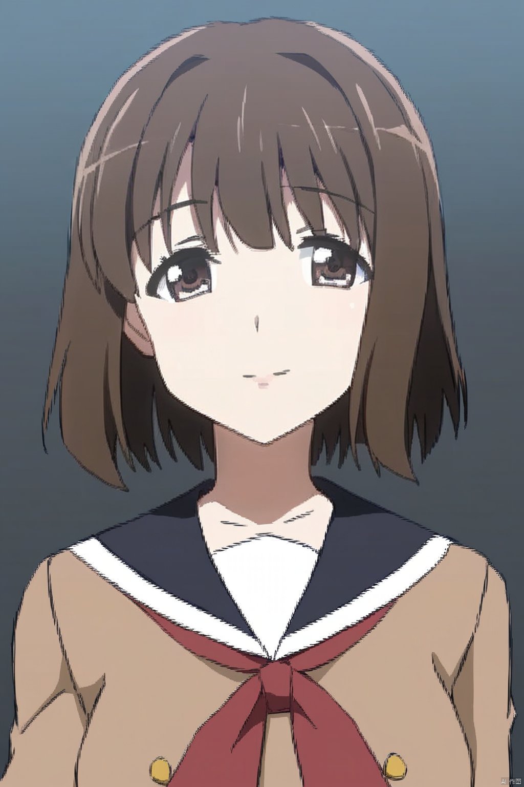 1girl,solo,upper body
sailor dress, double-breasted, brown dress, hanasakigawa school uniform,,
short hair, bangs, brown hair, brown eyes,Taiko Satomi