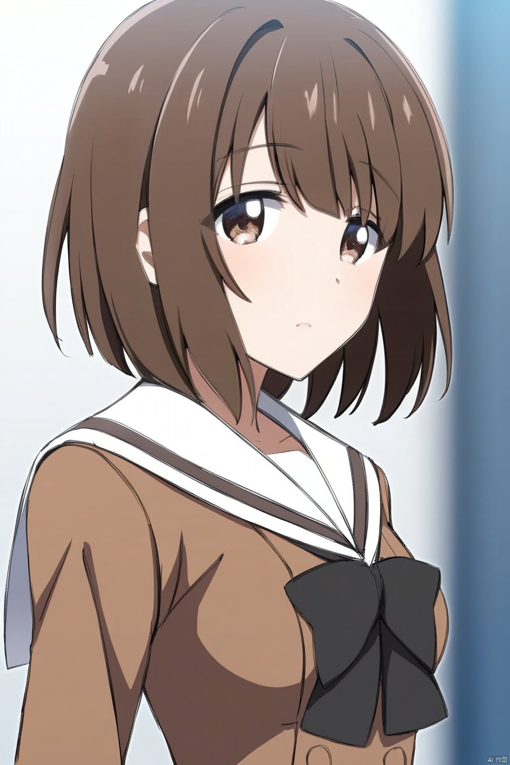 1girl,solo,upper body
sailor dress, double-breasted, brown dress, hanasakigawa school uniform,,
short hair, bangs, brown hair, brown eyes,