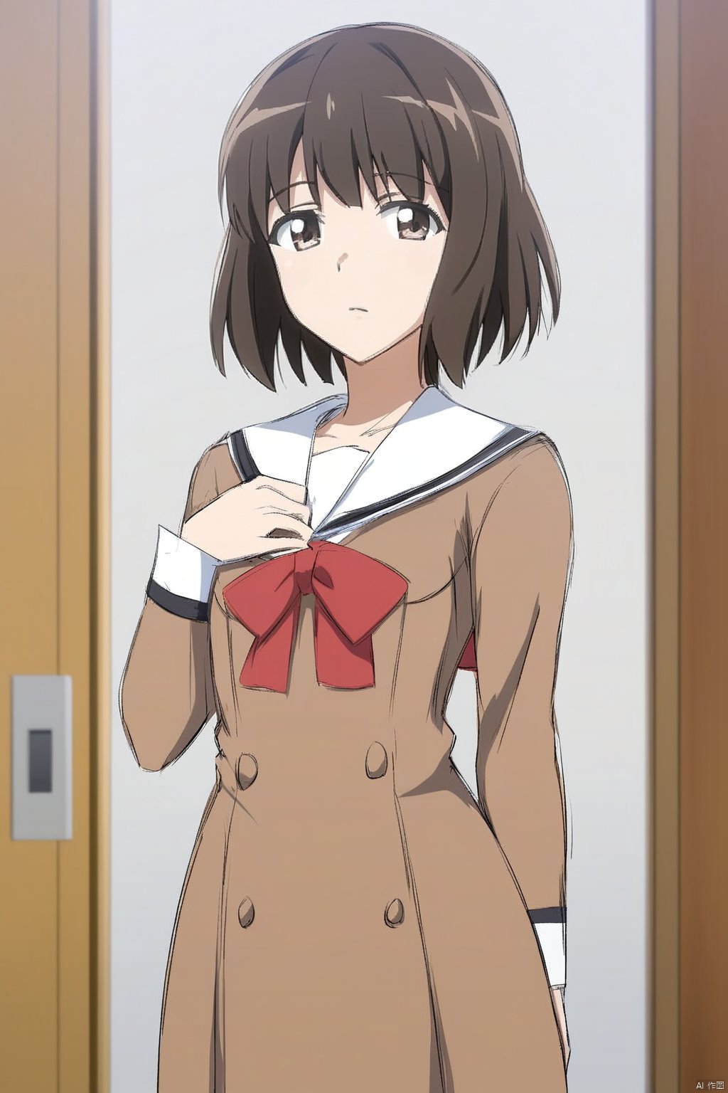 1girl,solo,upper body,cowboy shot
sailor dress, double-breasted, brown dress, hanasakigawa school uniform,,
short hair, bangs, brown hair, brown eyes,Taiko Satomi