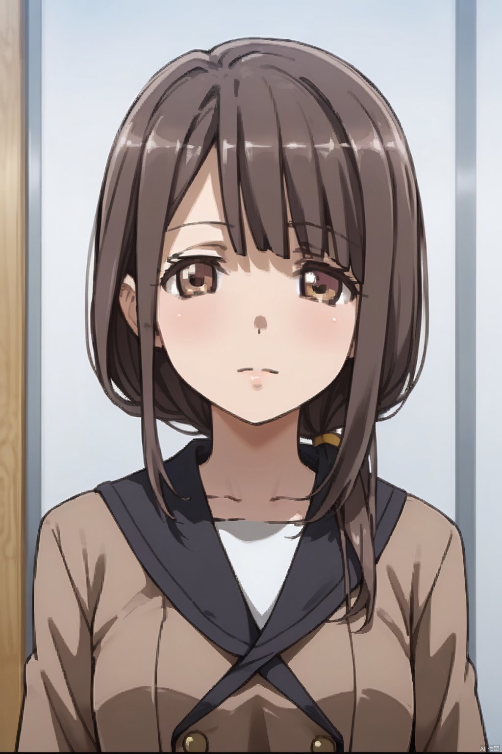 1girl,solo,upper body,cowboy shot sailor dress, double-breasted, brown dress, hanasakigawa school uniform,,Mori Fumika, bangs, brown hair, shirt, brown eyes,
1girl,solo, school uniform,  serafuku, double-breasted, brown dress, hanasakigawa school uniform,