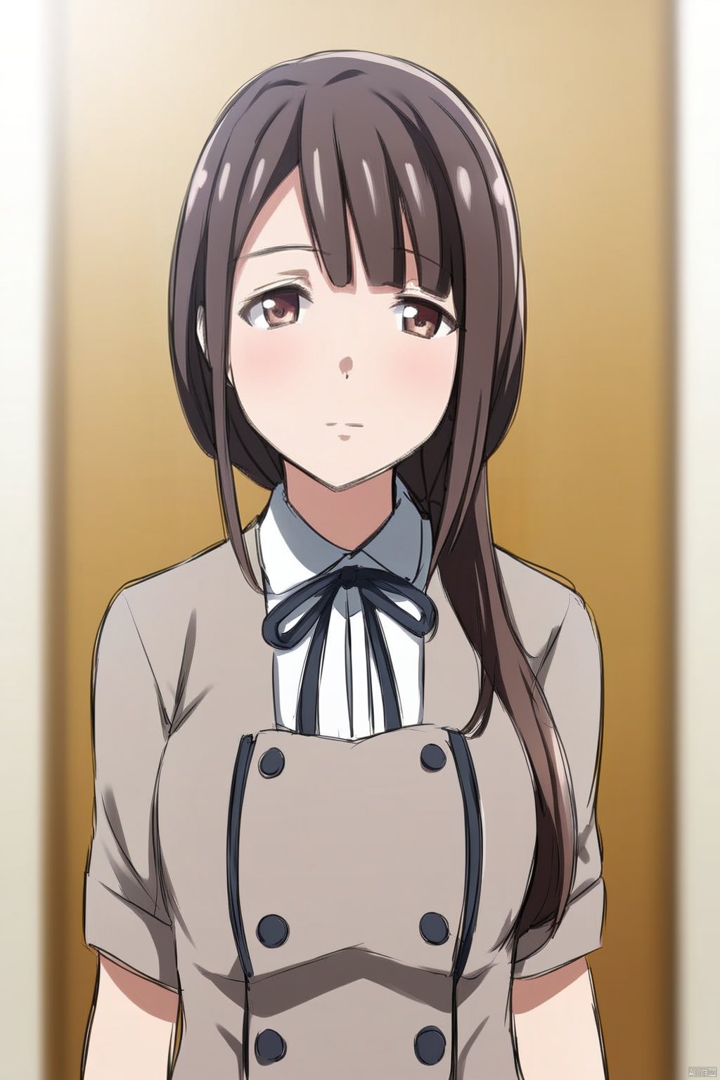 1girl,solo,upper body,cowboy shot
sailor dress, double-breasted, brown dress, hanasakigawa school uniform,,Mori Fumika, bangs, brown hair, shirt, brown eyes, 