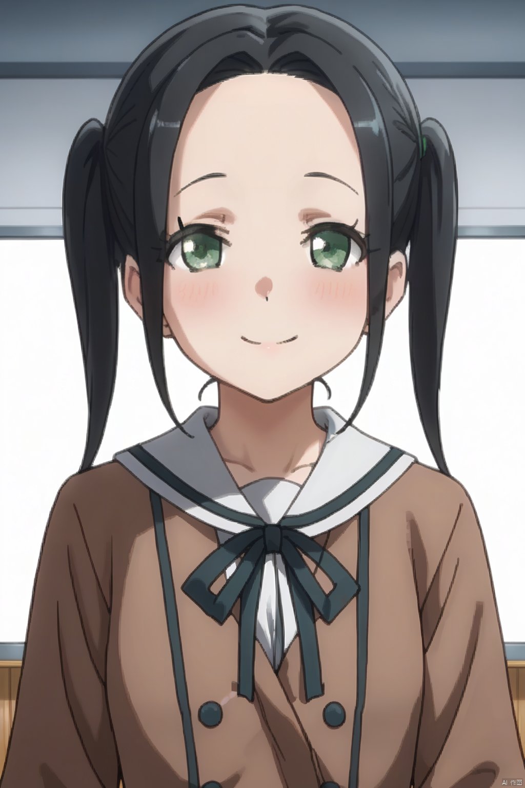 Kawabata Mayu 1girl, solo, looking at viewer, blush, smile, black hair, twintails, green eyes
1girl,solo, school uniform,  serafuku, double-breasted, brown dress, hanasakigawa school uniform,forehead