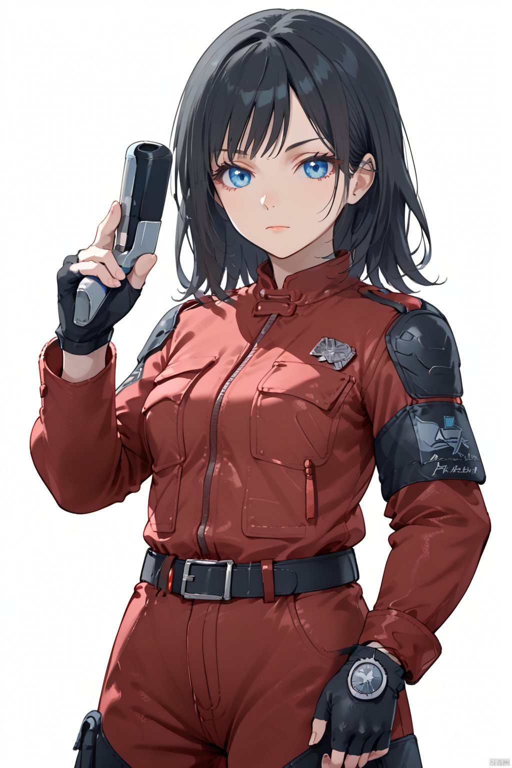 long sleeves white background holding closed mouth jacket black gloves belt pants fingerless gloves medium hair red jacket,nr,cowboy shot,upper body,
1girl, solo, breasts, looking at viewer, bangs, blue eyes, simple background, black hair, gloves, long sleeves, white background, holding, closed mouth, jacket, black gloves, belt, pants, fingerless gloves, medium hair, red jacket, watch,umirin