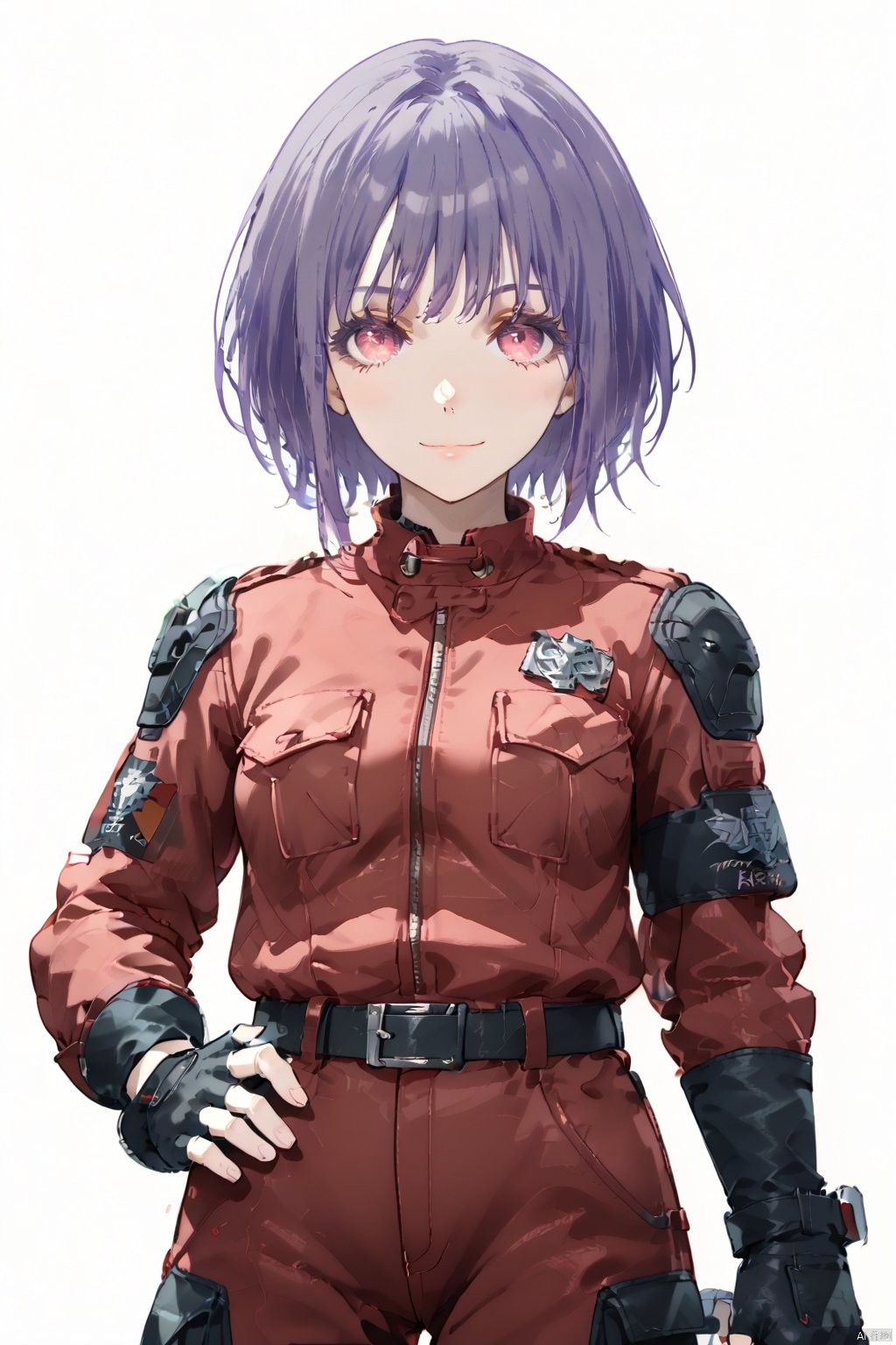 long sleeves white background holding closed mouth jacket black gloves belt pants fingerless gloves medium hair red jacket,nr,cowboy shot,upper body,
1girl, solo, breasts, looking at viewer, smile, short hair, bangs, simple background, red eyes, gloves, white background, purple hair, belt, pants, fingerless gloves, pink eyes, military, red gloves,amoris