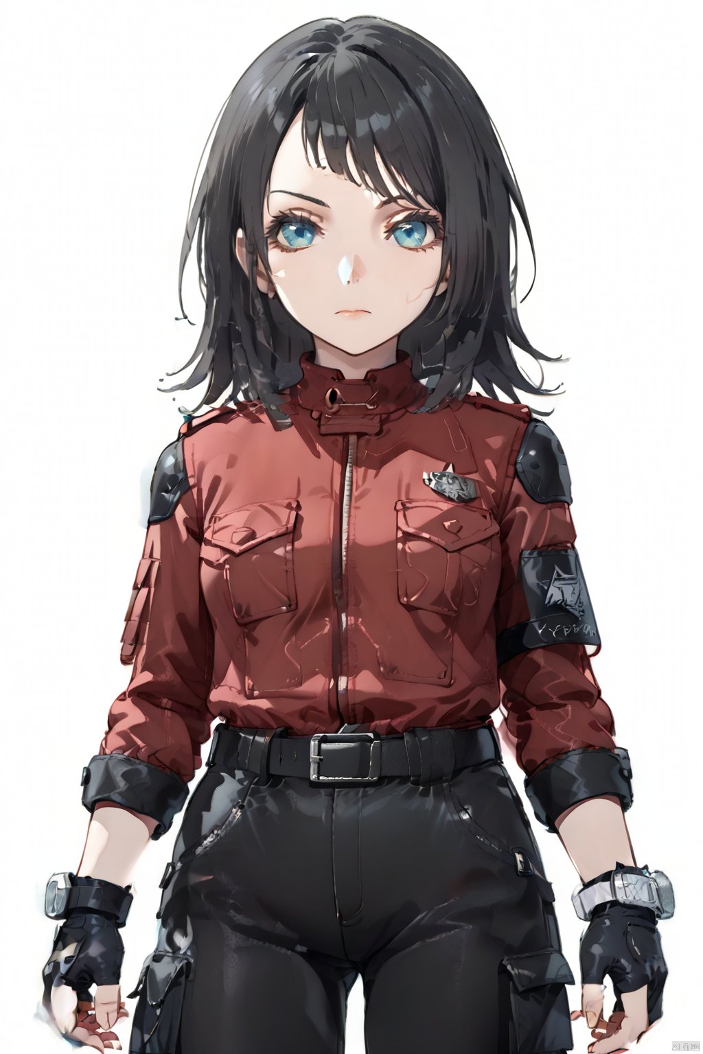 long sleeves white background holding closed mouth jacket black gloves belt pants fingerless gloves medium hair red jacket,nr,cowboy shot,upper body,
1girl, solo, breasts, looking at viewer, bangs, blue eyes, simple background, black hair, gloves, long sleeves, white background, holding, closed mouth, jacket, black gloves, belt, pants, fingerless gloves, medium hair, red jacket, watch,umirin