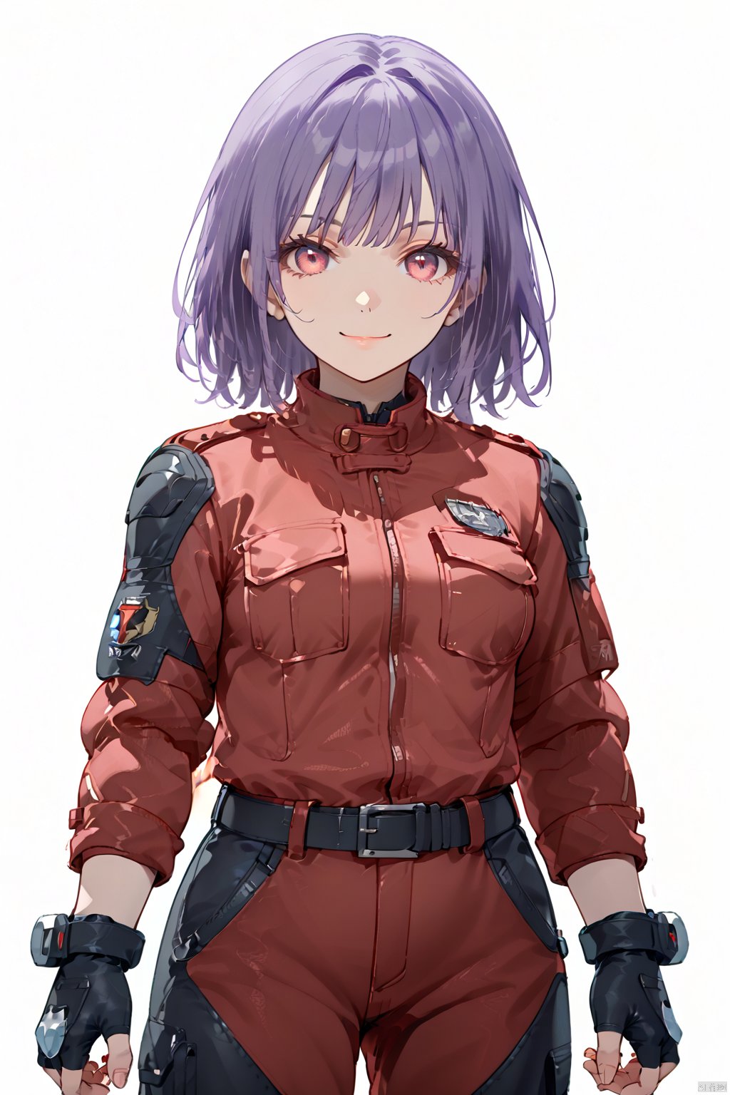 long sleeves white background holding closed mouth jacket black gloves belt pants fingerless gloves medium hair red jacket,nr,cowboy shot,upper body,
1girl, solo, breasts, looking at viewer, smile, short hair, bangs, simple background, red eyes, gloves, white background, purple hair, belt, pants, fingerless gloves, pink eyes, military, red gloves