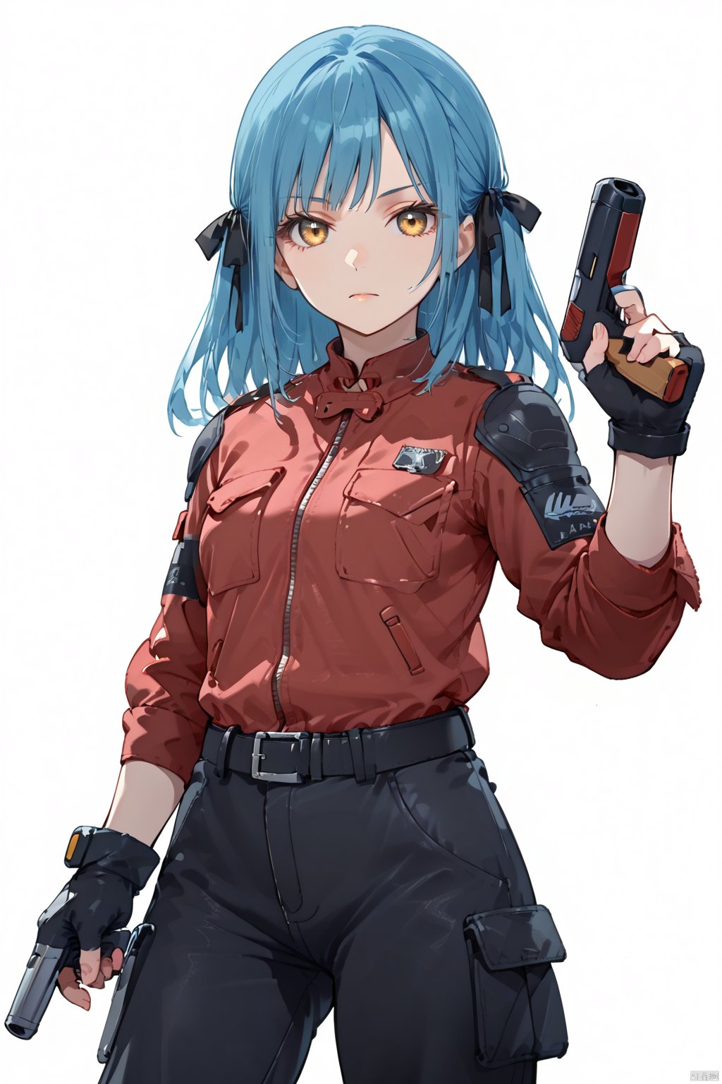 long sleeves white background holding closed mouth jacket black gloves belt pants fingerless gloves medium hair red jacket,nr,cowboy shot,upper body,
1girl, solo, long hair, looking at viewer, bangs, simple background, gloves, white background, ribbon, holding, closed mouth, blue hair, jacket, hair ribbon, yellow eyes, weapon, black gloves, belt, pants, fingerless gloves, holding weapon, gun, black ribbon, holding gun, handgun