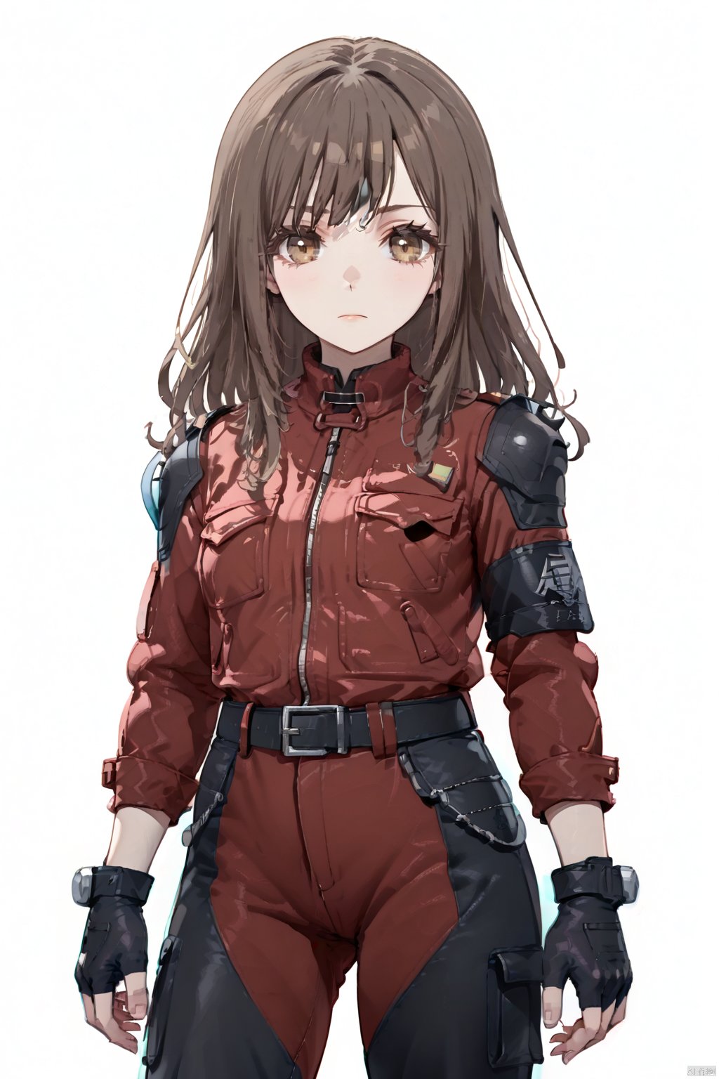 long sleeves white background holding closed mouth jacket black gloves belt pants fingerless gloves medium hair red jacket,nr,mana
long hair, brown hair, brown eyes, :d,