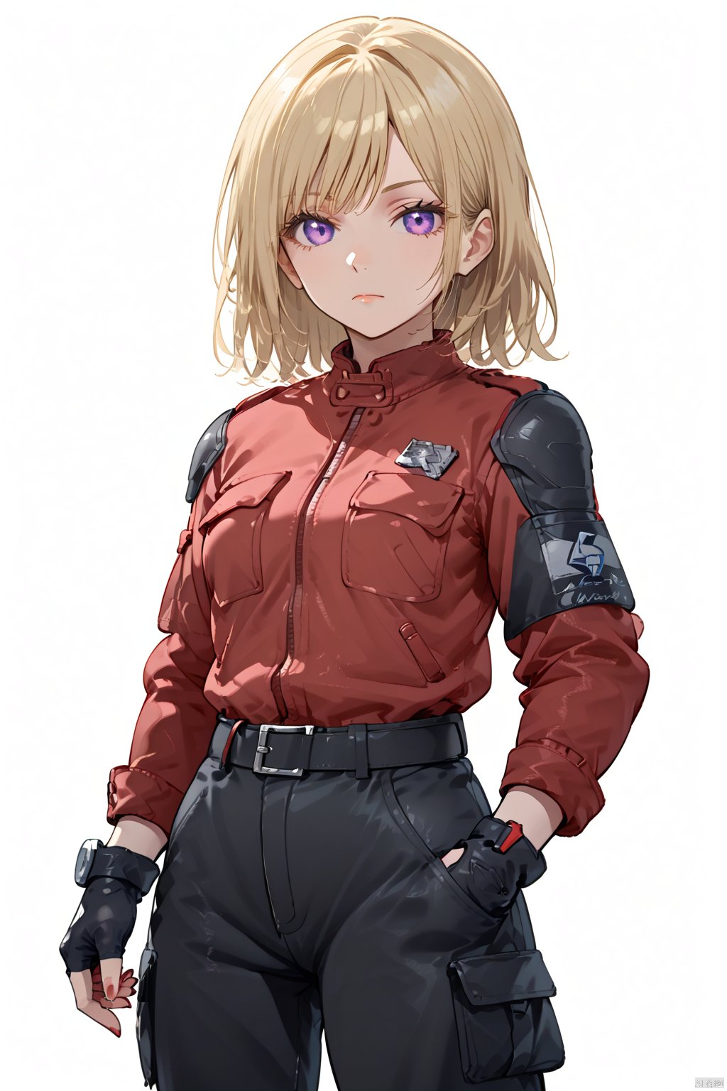 long sleeves white background holding closed mouth jacket black gloves belt pants fingerless gloves medium hair red jacket,nr,cowboy shot,upper body,
1girl, solo, breasts, looking at viewer, short hair, bangs, blonde hair, simple background, gloves, long sleeves, white background, closed mouth, standing, purple eyes, jacket, cowboy shot, black gloves, pants, fingerless gloves, medium hair, nail polish, red nails, red jacket, pocket