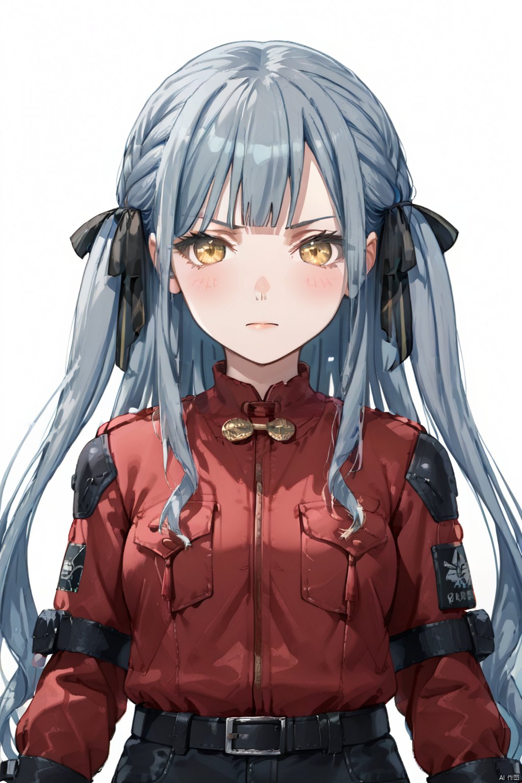 long sleeves white background holding closed mouth jacket black gloves belt pants fingerless gloves medium hair red jacket,nr,sakiko
1girl, solo, long hair, looking at viewer, blush, bangs, simple background,, ribbon, blue hair, grey hair,collarbone, hair ribbon, yellow eyes, braid,, blunt bangs, two side up, black ribbon,cowboy shot,upper body,