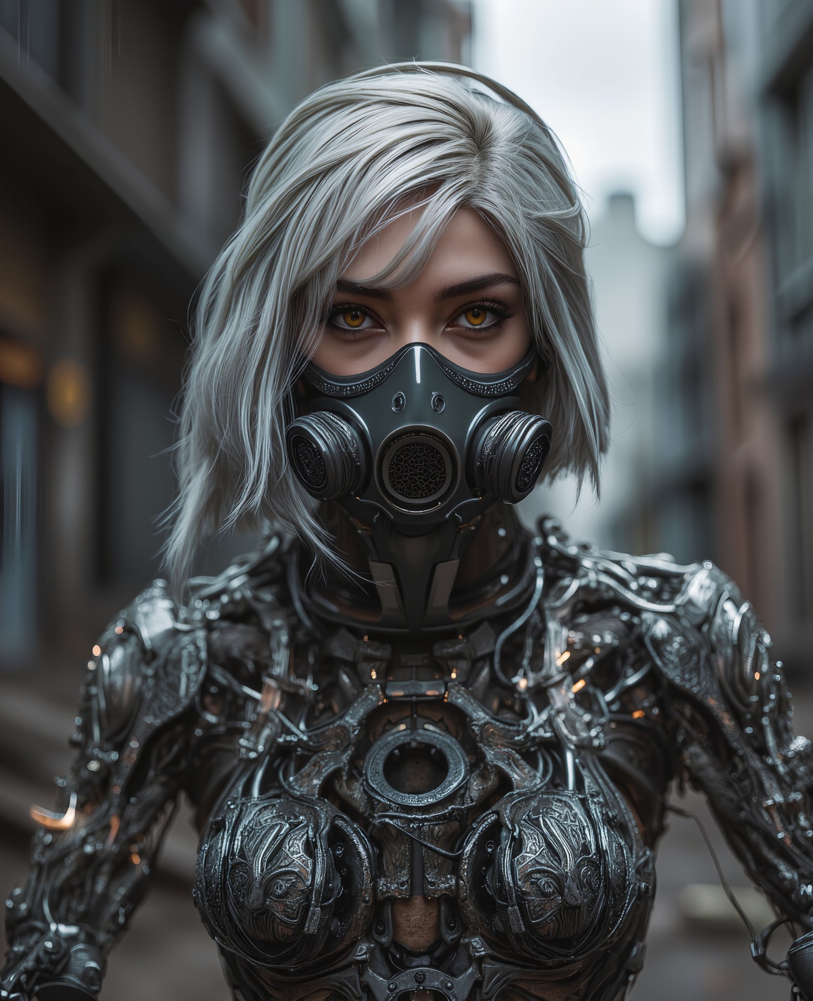 (masterpiece:1.2,high quality), 1girl, ((ultra realistic details)), global illumination, shadows, Unreal Engine, octane render, 8k, ultra sharp, metal, intricate, ornaments detailed, highly intricate details, yellow eyes, (mechanical body:1.2), white hair, (black gas mask), Gear, bob cut, hundreds of wires, Terran, (Robot, android:1.15), Apocalypse, broken buildings