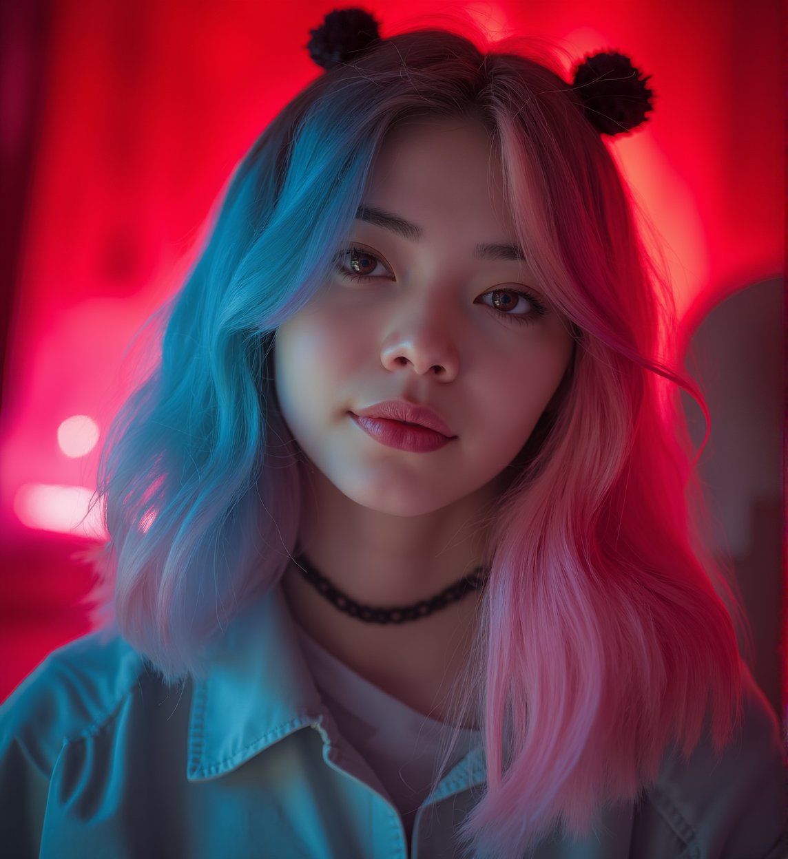 a close up of a kfukvf-1990, smiling, with blue and pink hair, a character portrait, inspired by Cindy Sherman, unsplash, red and cinematic lighting, portrait of a young teenage girl, fisheye portrait, XF35mmF1.4 R, ƒ/2.8, 35.0 mm, 1/200, ISO 500