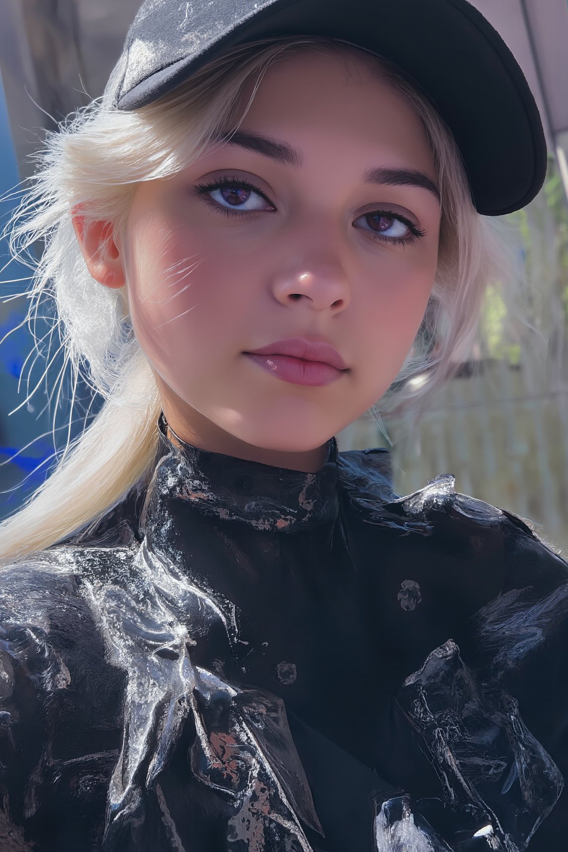 masterpiece, best quality, 4k, UHD, mishoujo, painting, beautiful eyes and detailed face, illustration, beautiful detailed, high resolution illustration, glowing_white_particles, 1girl, white hair, light purple eye, hair over one eye, short sidetail, baseball cap,expressionless, window shade, black jacket, chest rig, cyberpunk, techwear,(Impressionism:1.4), Vincent van Gogh