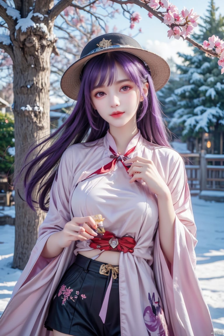 Masterpiece, best quality, high quality, (color) , full breasts, (purple hair: 1.3) , ((mixed realistic and illustrative elements style, surrounded by colored text“Jilin”：1.5) , a young woman, street clothes, holding mooncakes, stylish hats, gestures, smiles and happiness, illustrative elements of Mooncakes and rabbits, (standing in front of a tree covered with rime: 1.3) , a tree covered with snow, 4k, award-winning work, high, ultra-high definition, masterpiece, very aesthetic, very detailed