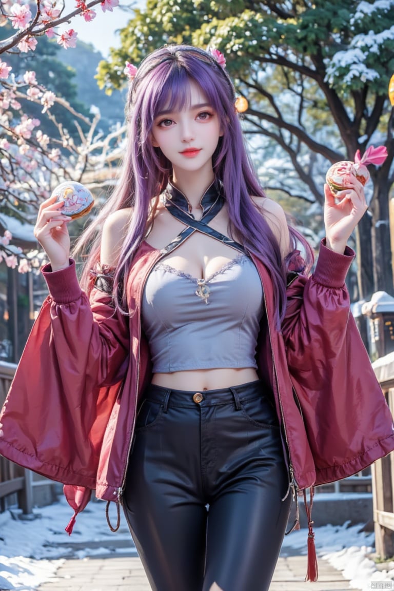 Masterpiece, best quality, high quality, (color) , full breasts, (purple hair: 1.3) , ((mixed realistic and illustrative elements style, surrounded by colored text“Jilin”：1.5) , a young woman, street clothes, holding mooncakes, stylish hats, gestures, smiles and happiness, illustrative elements of Mooncakes and rabbits, (standing in front of a tree covered with rime: 1.3) , a tree covered with snow, 4k, award-winning work, high, ultra-high definition, masterpiece, very aesthetic, very detailed