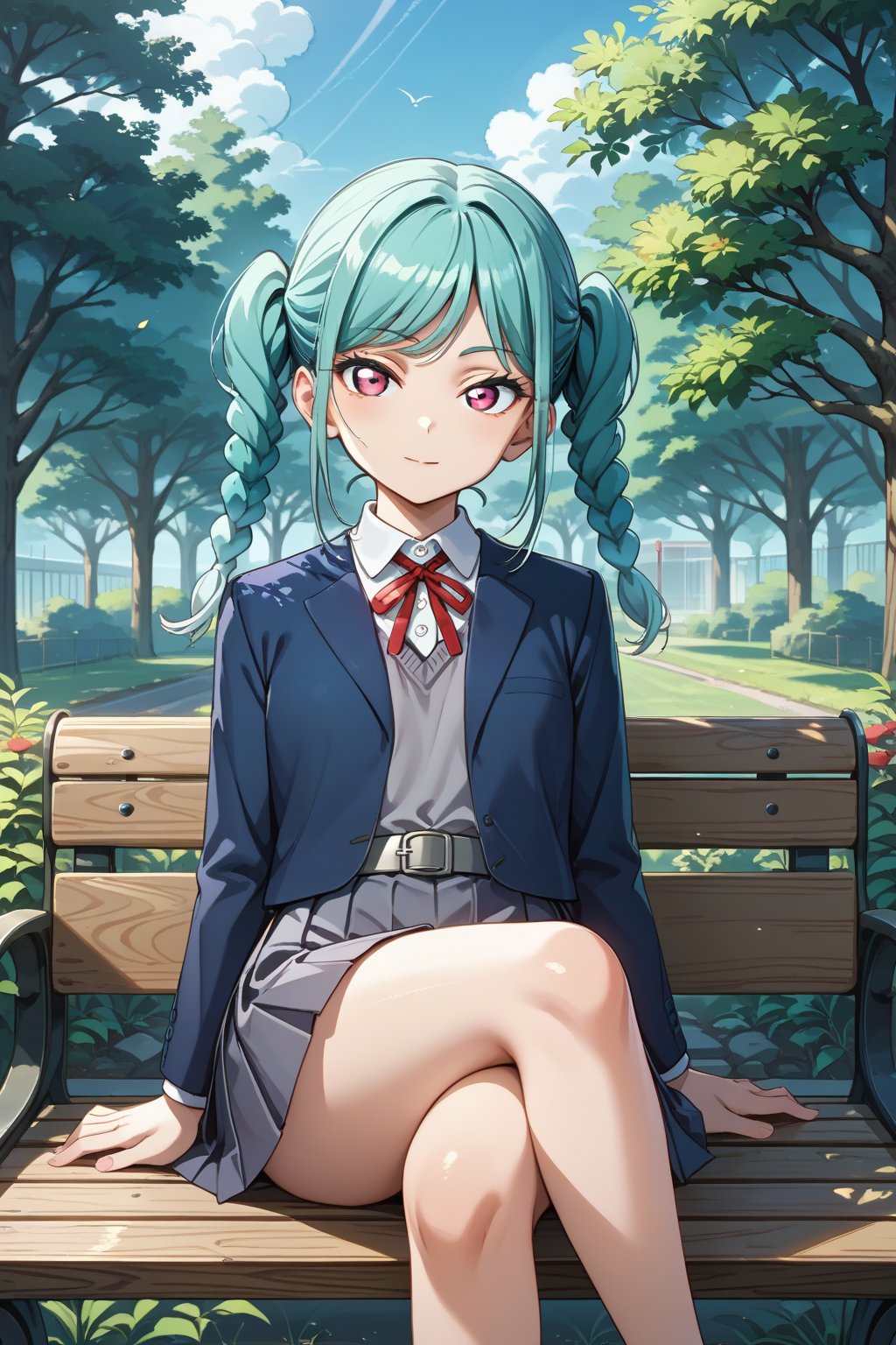 score_9, score_8_up, score_7_up, 1girl, onitsukatomari, aqua hair, twin braids, pink eyes, yuigaoka school uniform, grey dress, pianofore dress, grey belt, collared shirt, neck ribbon, red ribbon, blue blazer,outdoors, school backyard, trees, bench, garden,sitting, on bench, crossed legs looking at viewer, 