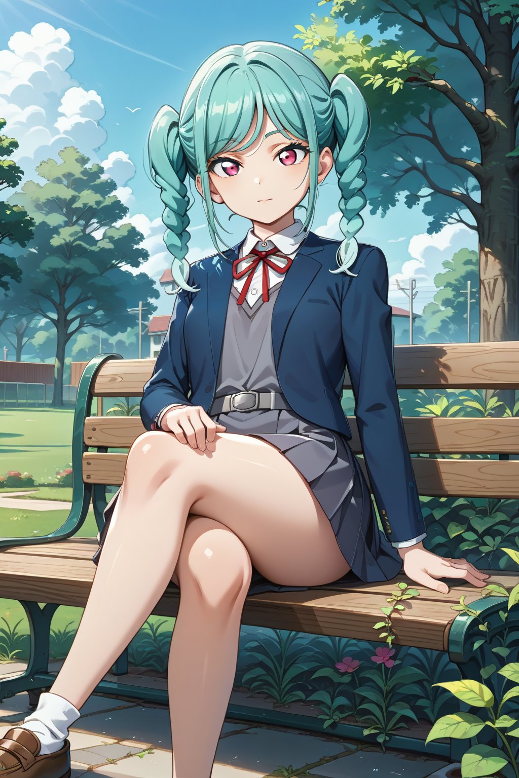 score_9, score_8_up, score_7_up, 1girl, onitsukatomari, aqua hair, twin braids, pink eyes, yuigaoka school uniform, grey dress, pianofore dress, grey belt, collared shirt, neck ribbon, red ribbon, blue blazer,outdoors, school backyard, trees, bench, garden,sitting, on bench, crossed legs