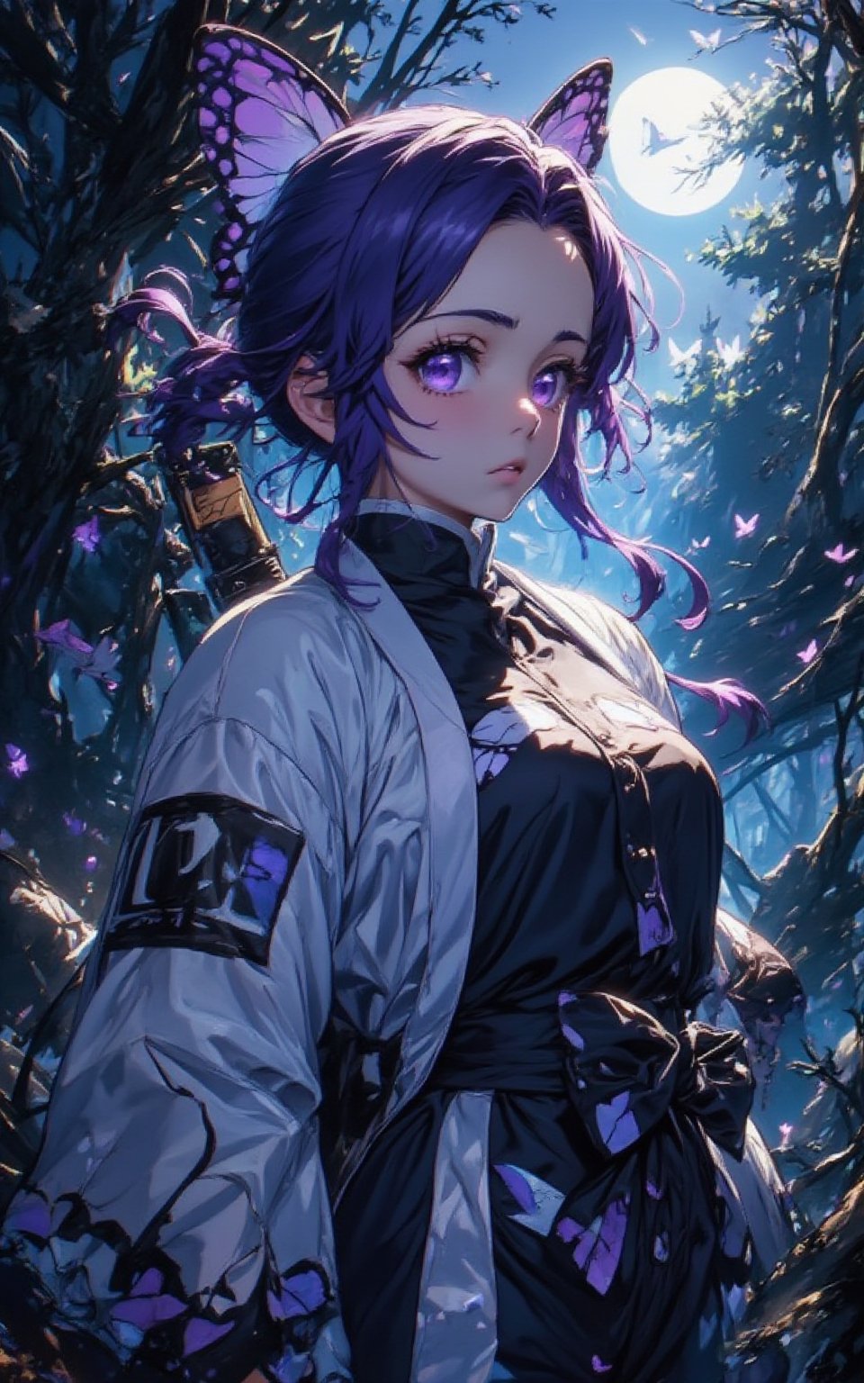 Best picture quality, high resolution, 8k, sharp focus, masterpiece, look at enemy behind viewer, purple hair with a large bow tie in the sahpe of butterfly, the glares in the purple pupil reflects the profile of her enemy. her wide white japanese robe embridered a wide and black bufferfly wing pattern. carrying a short katana at the side of waist belt, She hid behind a bush with one hand grasping handler of the katana and the other hand holding two ninja stars, moonlight shines through the overcast from the side into the shady and serene woods, shinobu_flux,Manga style