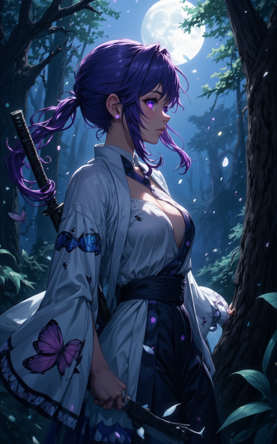 Best picture quality, high resolution, 8k, sharp focus, masterpiece, super detailed, look at enemy behind viewer, purple hair, the glares in the purple pupil reflects the profile of her enemy. her wide white japanese robe embridered a wide and black bufferfly wing pattern. carrying a short katana at the side of waist belt, She hid behind a bush with one hand grasping handler of the katana and the other hand holding two ninja stars, moonlight overcast from the side into the woods, shinobu_flux