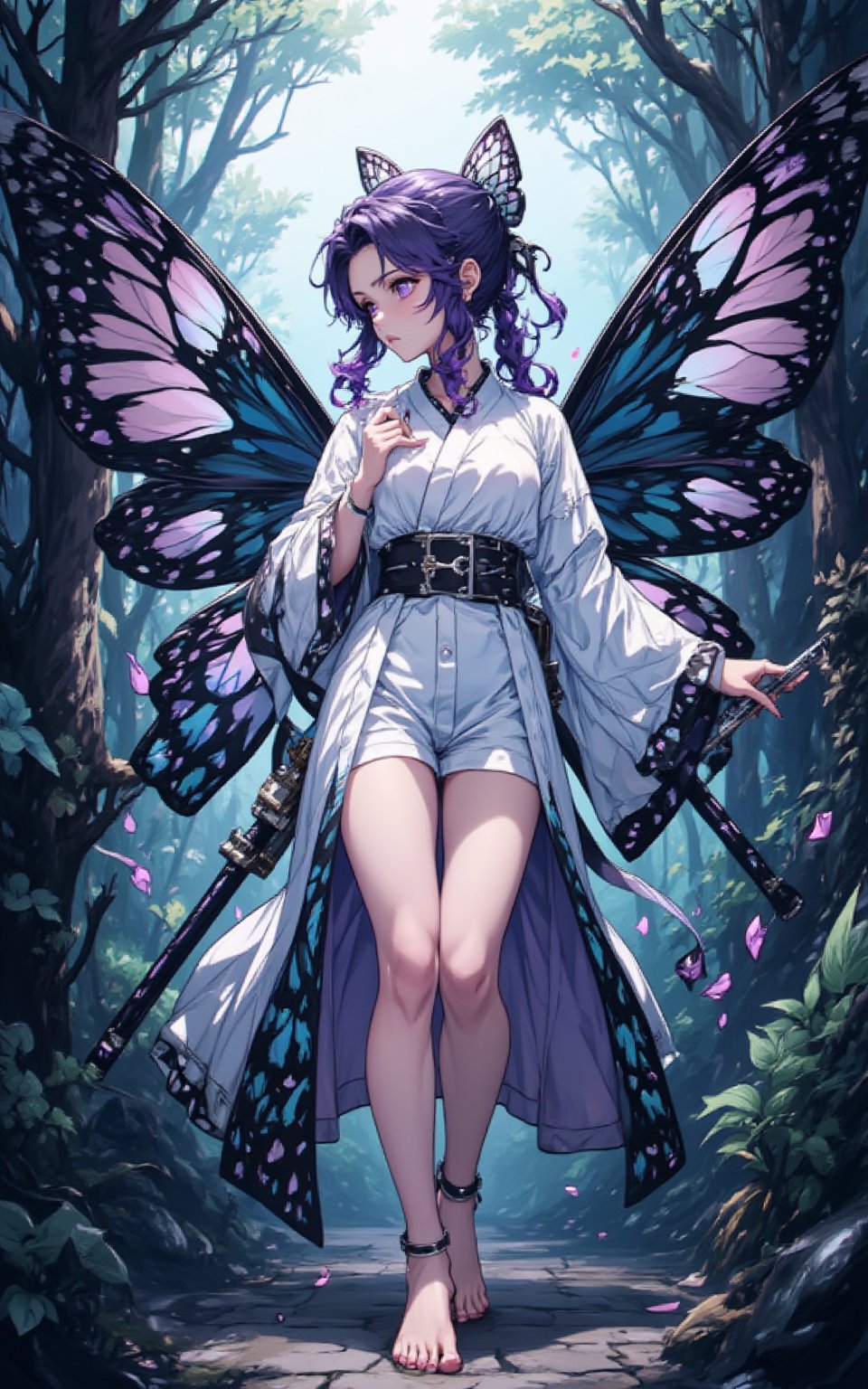 masterpiece, illustration, super detailed, look at enemy at viewer's direction, sheer dress, standing on one leg, purple hair, the glares in the purple pupil reflects the profile of her enemy. her wide white japanese robe embridered a wide and black bufferfly wing pattern. She hid behind a bush with one hand touchs tsuka of the katana and the other hand holds 2 shurikens, front view from bottom to top, hair accessory, carrying a short katana at the side of waist belt, camel toe, witch style room,shinobu_flux