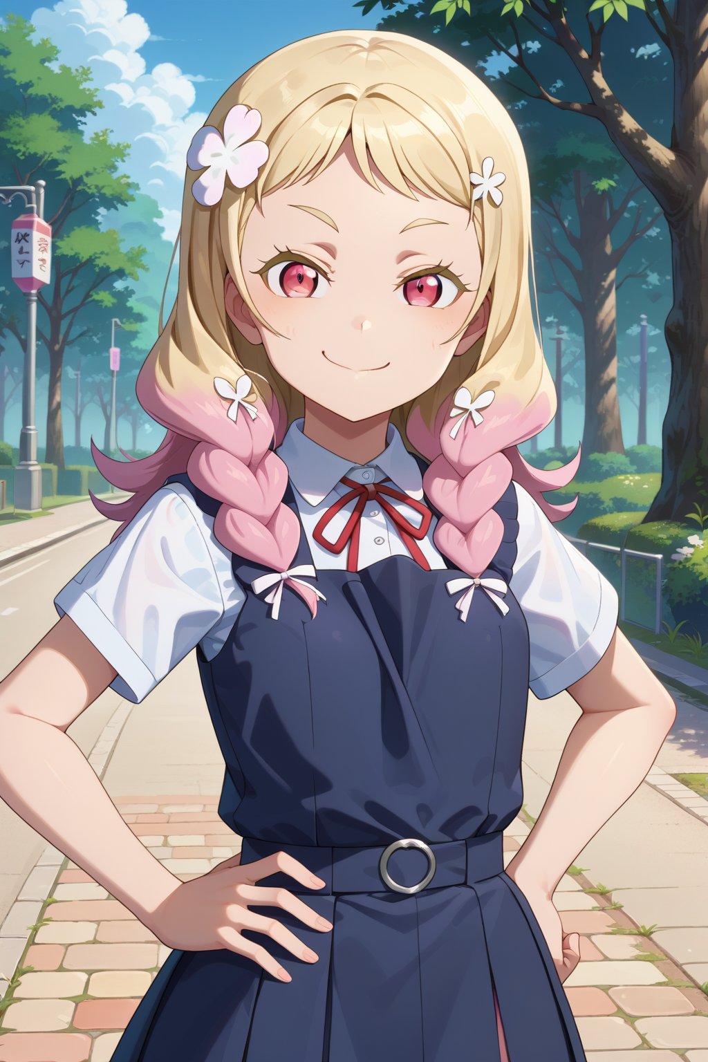 score_9, score_8_up, score_7_up, 1girl, oninatsu, long hair, looking at viewer, smile, blonde hair, hair ornament, dress, ribbon, school uniform, pink hair, braid, flower, short sleeves, hair flower, pink eyes, twin braids, hand on hip, smug, pinafore dress, grey dress, yuigaoka school uniform