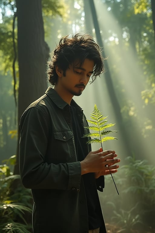 jeevan standing tall amidst towering trees, sunlight filtering through the leafy canopy above, casting dappled shadows on his serene face. He gazes downward, hands cradling a delicate fern, its fronds swaying gently in the breeze. The camera captures him from a low angle, emphasizing the connection between jeevan and nature as they stand together in harmony within the forest's mystique.