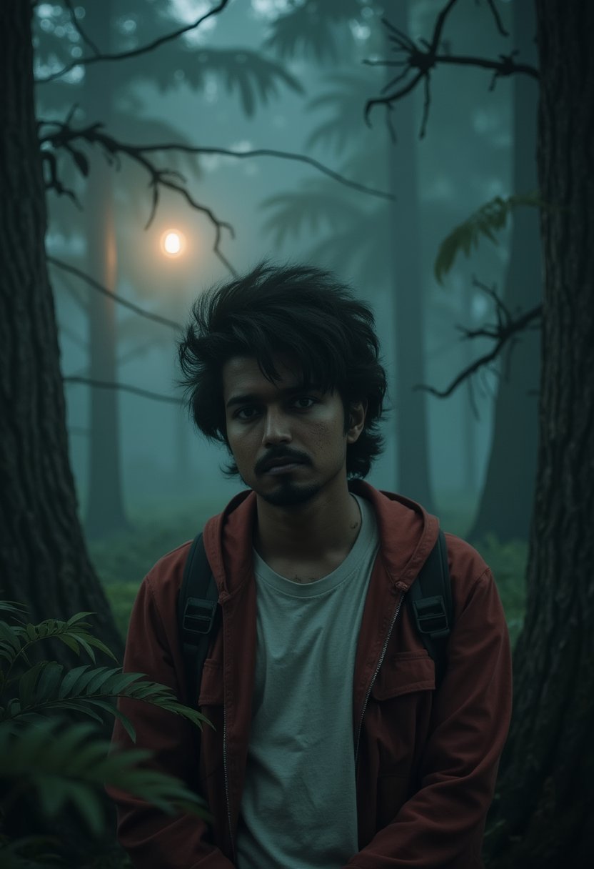 A somber, misty forest serves as the backdrop for animestyle jeevan enigmatic presence. Framed by towering trees, aotstyle jeevan solemn expression is illuminated only by the faint glow of a distant lantern, casting eerie shadows on his weathered face. His red hoodie and white tshirt blend with the foliage, as if he has been camouflaged among the ancient trunks. A sense of foreboding settles over the scene, hinting at secrets hidden in the depths of the forest.