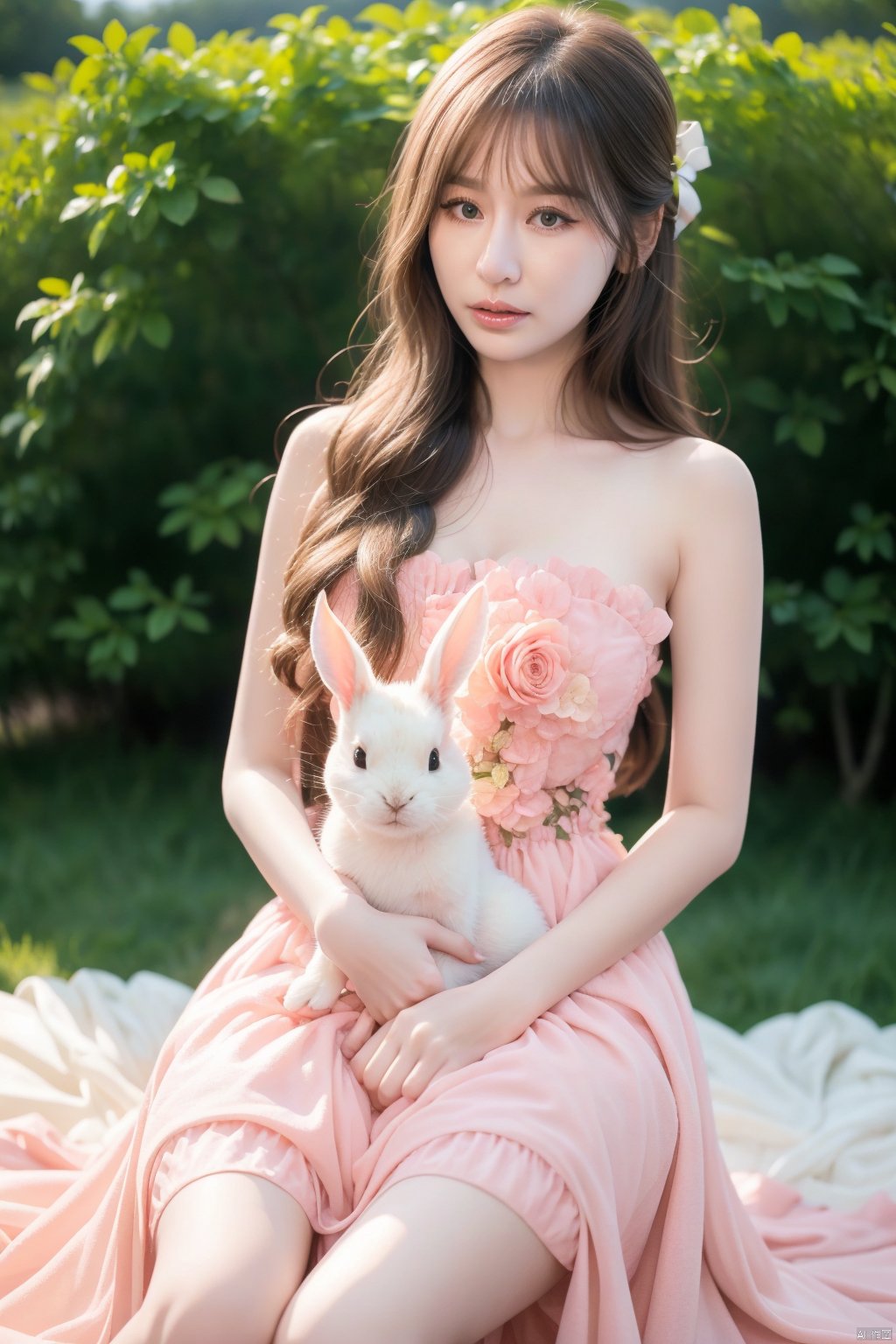 A young Asian woman wearing a flower wreath,a woman,dressed in a white strapless dress,is holding a white rabbit in her left hand. Her right arm is draped in a light pink frock,adorned with a white ribbon. The woman's left arm is positioned in front of a white bed with a pink bedspread on it,adding a touch of color to the scene. The backdrop,a pink wall,is adorned with white windows,creating a stark contrast to the woman's white dress. A chandelier is adorned in the upper right corner of the frame,,,, ((poakl))