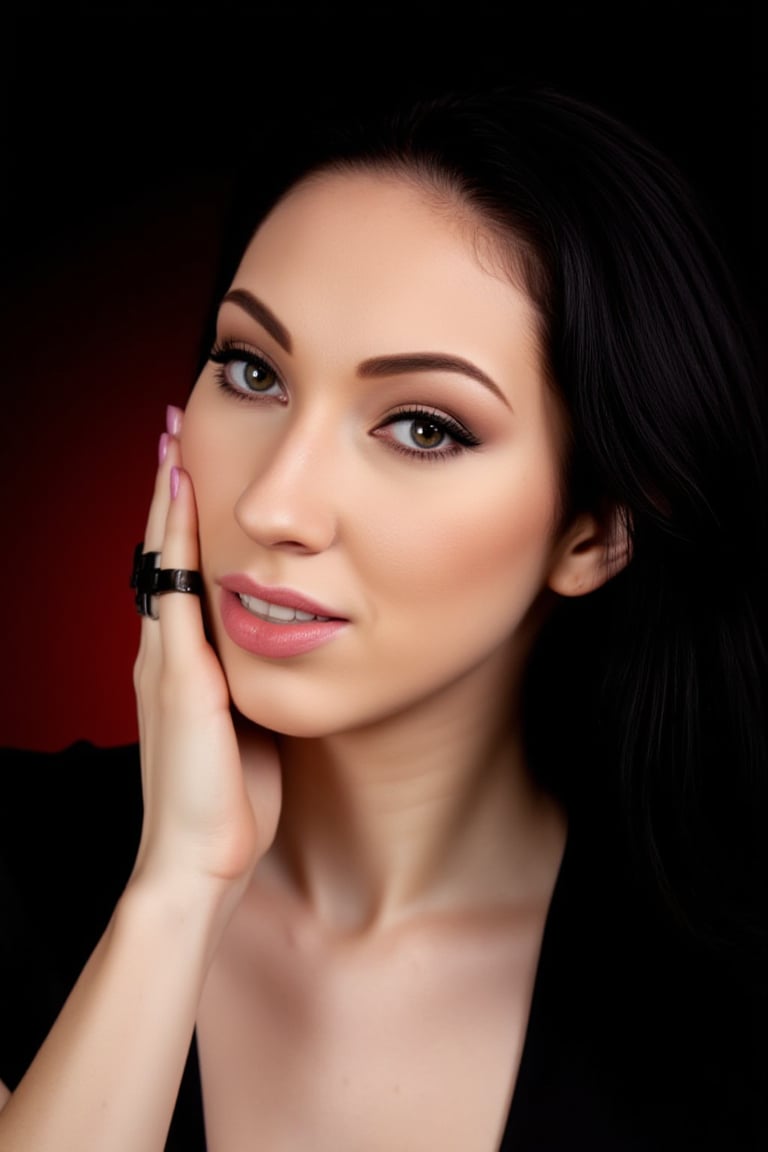 A high resolution professional photography of wo4r14Al3 is a face portrait she wears a black eyeliner and black eyeshadow making her hazel eyes the main focus of the portrait. She has one hand slightly covering her face. Her hand has black shiny rings giving a strong look. She has long black hair. The background is a gradient of black and dark red
