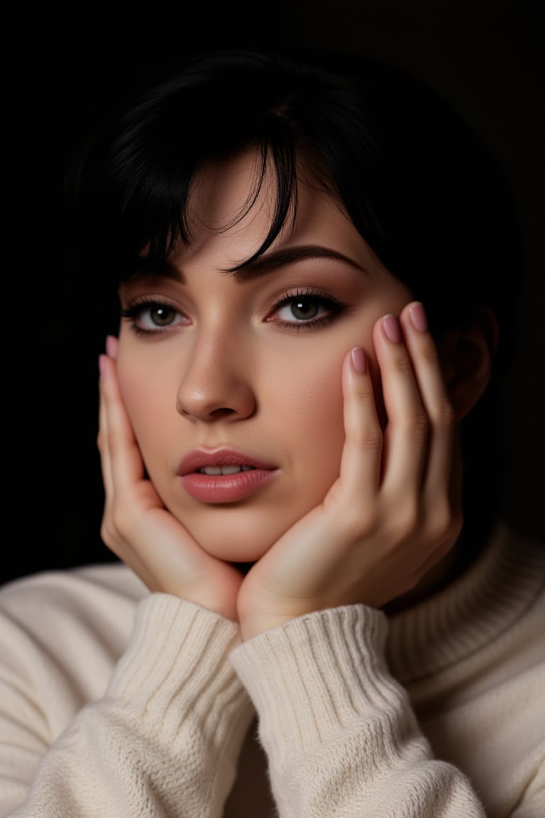 portrait, high res, young wo4r14Al3, soft light. Light sweater, dark background. Bury hands on the chin, having a deep thoughtful look on the face. Clear faces, pores are not enhanced, a touch of makeup. Visible hair strands. Warm, subdued colors. Blurred background. Full-frame camera, wide aperture. Studio lighting for depth. Subtle contouring shadows. Minimal editing, natural appearance. She has pale skin and short black hair