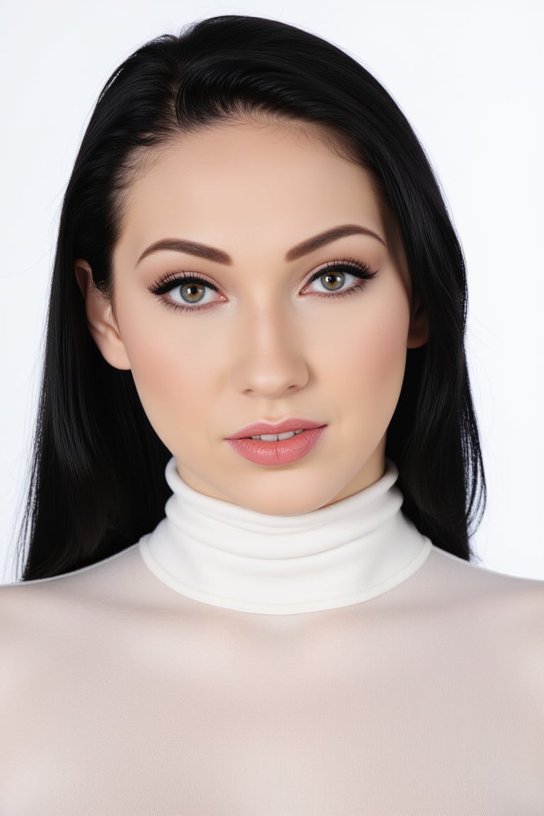 A portrait of wo4r14Al3 with pale white skin like porcelain. She has glorious hazel colored eyes. She is wearing blace sheer turtleneck shirt, she has black eyeliner makeup and gloss lipstick. The background is solid white