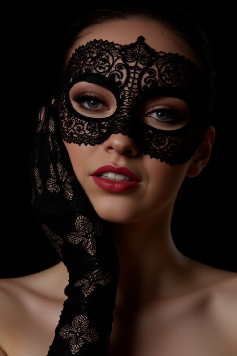 A close-up portrait of wo4r14Al3, with an elegant and mysterious appearance. The central focus is on her face, which is partially obscured by a delicate, intricate black lace mask that covers her eyes and upper face. The mask is ornate, with swirling patterns that add a sense of drama and allure. Her lips are painted a vibrant, glossy shade of coral, standing out against skin color. The makeup on her eyes is smoky, with dark eyeshadow blending seamlessly into countors of her eyes, adding depth and intensity to her gaze. She is wearing matching black lace gloves, which she holds delicately against her face, adding to the sensual and enigmatic atmosphere of the image. The gloves have floral pattern that complements the design of the mask. The overall tone of the image is dark and sophisticated, with a soft light highlighting her skin and the details of the lace. The background is dark, which further emphasizes her face and the intricate lacework. The image evokes a sense of mystery, elegance, and allure.