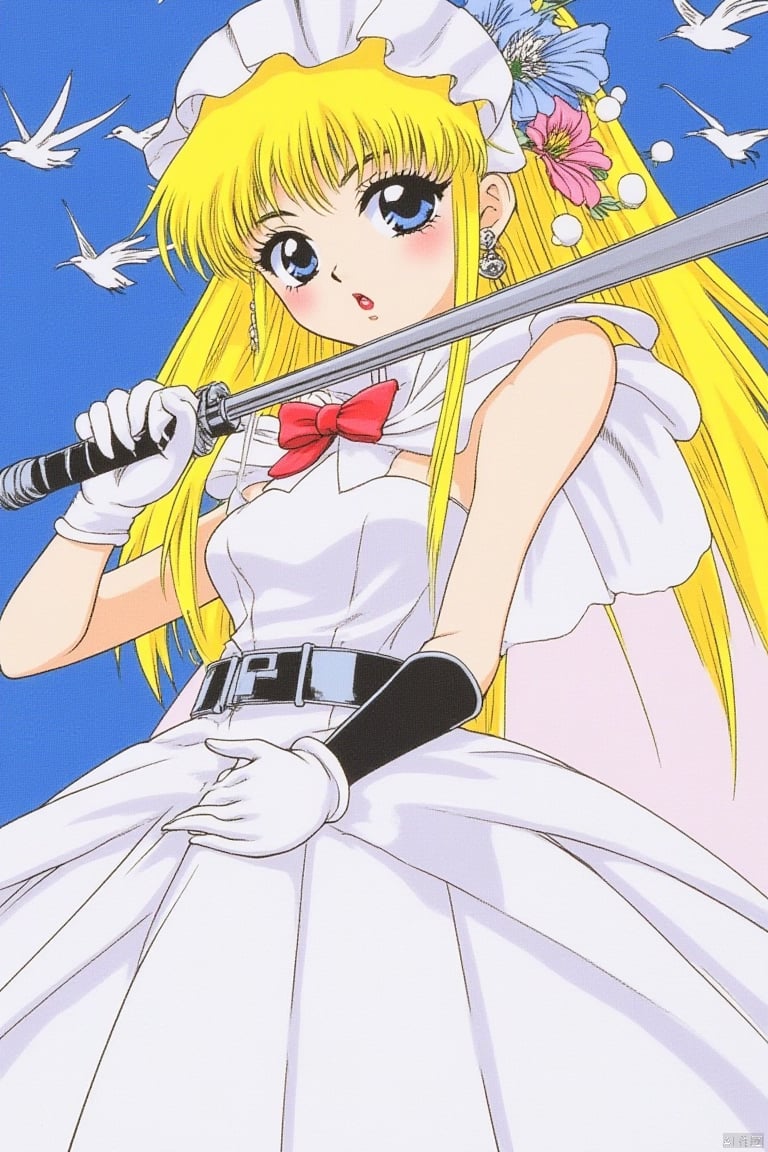 1990s retro anime illustration, a girl with long blonde hair and blue eyes is holding a sword in her right hand. She is wearing a white dress with a black belt around her waist. She has a red bow in her left hand. The sword she is holding is pointed towards the left side of the image. There are blue and white flowers around her right shoulder. There is a blue background behind her with white and pink birds flying in the air.
