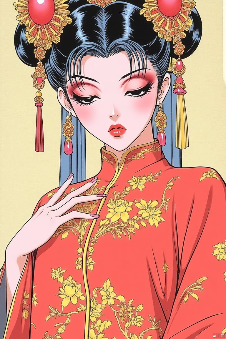 1990s retro anime illustration, a woman adorned in an elaborate traditional Chinese outfit. She wears a striking red dress with intricate golden embroidery featuring floral patterns. Her hair is styled in a classic Chinese manner,secured with ornate accessories that include jeweled pins and combs. The woman's makeup is reminiscent of ancient Chinese beauty standards,characterized by vibrant red lips and subtle eye shadow. She poses gracefully,her hand lightly touching her chest,conveying a sense of serenity and elegance.
