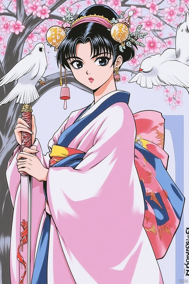 1990s retro anime illustration, a Japanese woman dressed in a traditional kimono, adorned with a black crown, is holding a sword in her right hand. She is flanked by two white birds, each flying in the same direction. The woman's dress is adorned in a variety of colors, including pink, blue, white, and red. The sword she is holding is adorned with red ribbons, adding a pop of color to the scene. The backdrop is a detailed mural of a tree with pink flowers, adding depth to the composition. To the right of the woman, there is a watermark in the lower right corner of the image.
