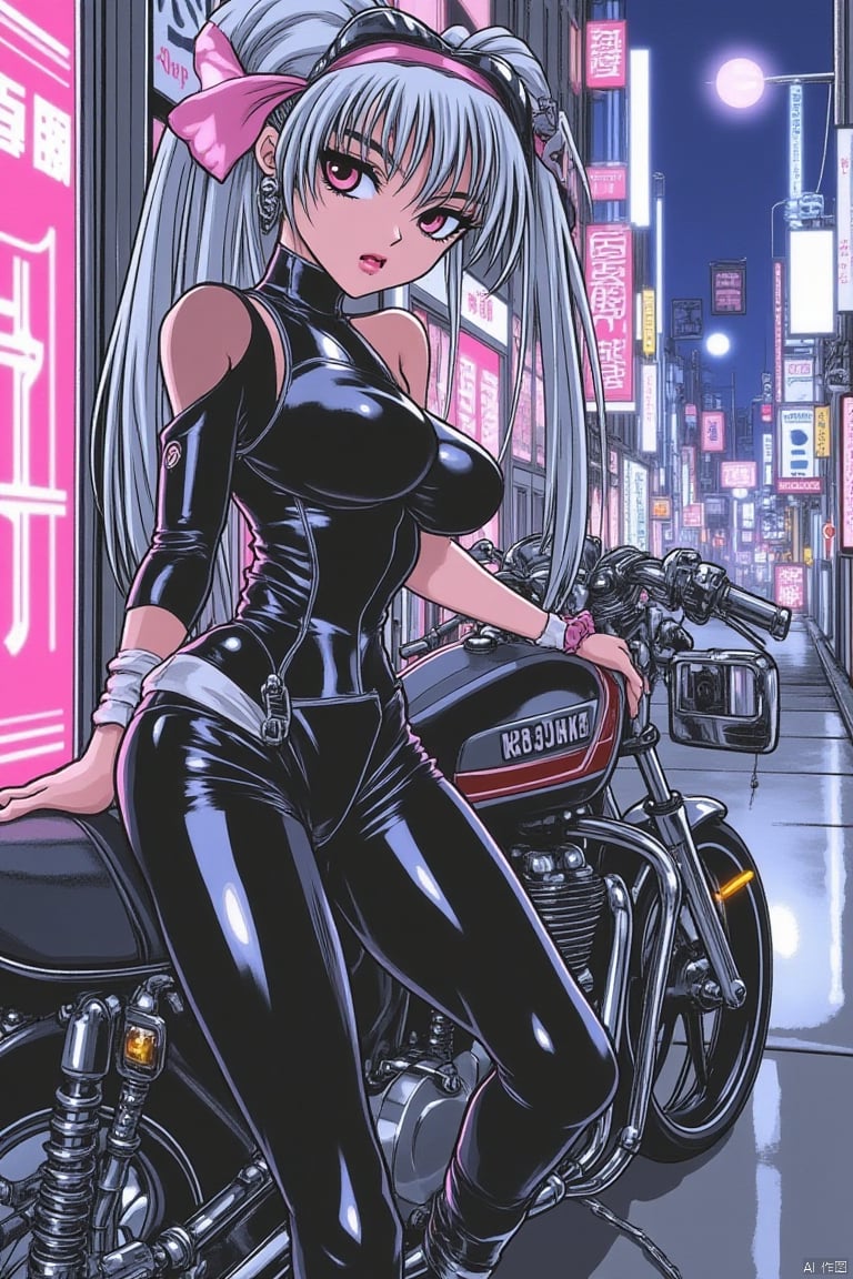 1990s retro anime illustration, a gorgeous girl with long silver hair in a tight latex catsuit leaning against a motorcycle in a cool pose, holding a peeping tom camera, neon-lit urban background at night, streets reflecting vibrant lights, intense shadows and glowing highlights, cinematic composition, Created Using: cel-shading, 1990s anime aesthetics, vivid neon colors, traditional hand-drawn anime techniques, noir lighting, poster composition