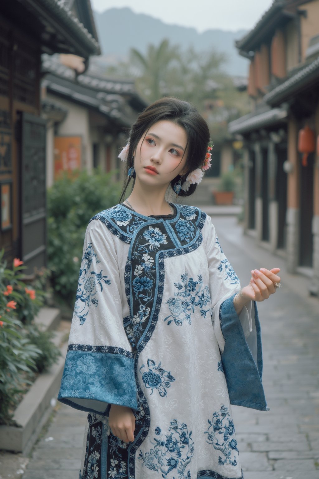 1girl,solo ,XxiaoxunerX,Hanfu girl, lotus, Yunnan ancient town street,Xqinhanfu,Xhuijin,Xhuolinger