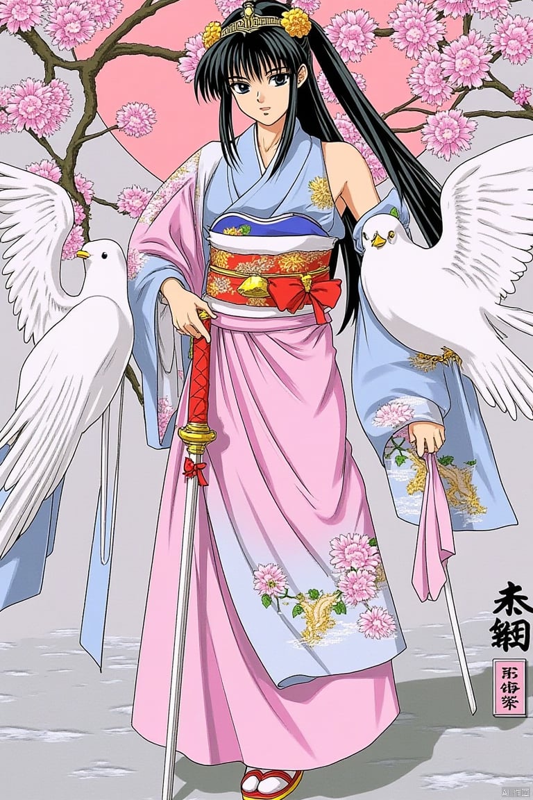 1990s retro anime illustration, a Japanese woman dressed in a traditional kimono, adorned with a black crown, is holding a sword in her right hand. She is flanked by two white birds, each flying in the same direction. The woman's dress is adorned in a variety of colors, including pink, blue, white, and red. The sword she is holding is adorned with red ribbons, adding a pop of color to the scene. The backdrop is a detailed mural of a tree with pink flowers, adding depth to the composition. To the right of the woman, there is a watermark in the lower right corner of the image.
