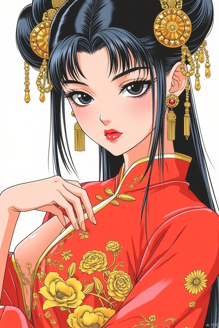 1990s retro anime illustration, a woman adorned in an elaborate traditional Chinese outfit. She wears a striking red dress with intricate golden embroidery featuring floral patterns. Her hair is styled in a classic Chinese manner,secured with ornate accessories that include jeweled pins and combs. The woman's makeup is reminiscent of ancient Chinese beauty standards,characterized by vibrant red lips and subtle eye shadow. She poses gracefully,her hand lightly touching her chest,conveying a sense of serenity and elegance.
