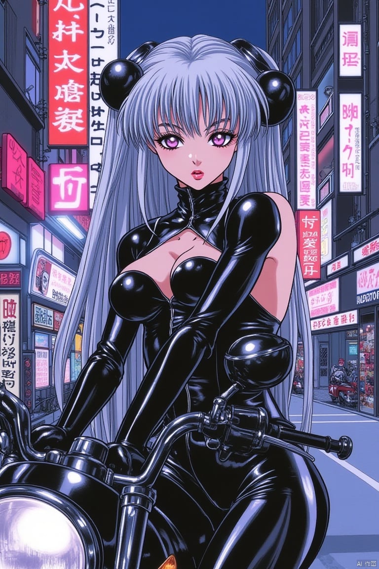 1990s retro anime illustration, a gorgeous girl with long silver hair in a tight latex catsuit leaning against a motorcycle in a cool pose, holding a peeping tom camera, neon-lit urban background at night, streets reflecting vibrant lights, intense shadows and glowing highlights, cinematic composition, Created Using: cel-shading, 1990s anime aesthetics, vivid neon colors, traditional hand-drawn anime techniques, noir lighting, poster composition