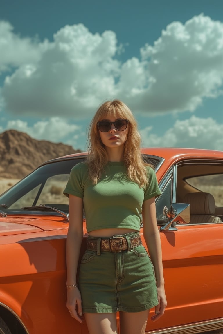 a woman stands in front of an orange car, her blonde hair cascades over her shoulders. She is dressed in a short-sleeved t-shirt and a green skirt, adorned with a belt. Her sunglasses are tinted black, adding a pop of color to her face. The car casts a shadow on the left side of the car, adding depth to the scene. The sky is a deep blue, dotted with white clouds, and a mountain can be seen in the background,Midjourney v6