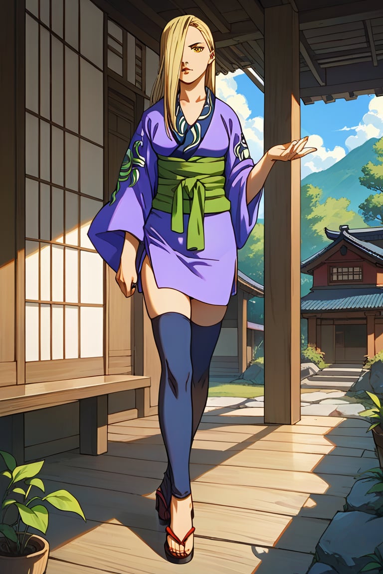 score_9, score_8_up,score_7_up, source_anime, Solo,  1girl, Hyakurin2VXL, hair cover one eye,blond hair, high heels,sandals,thigh highs,yellow eyes,short kimono,sash, long hair, indoor, japanese house,portrait, dynamic pose