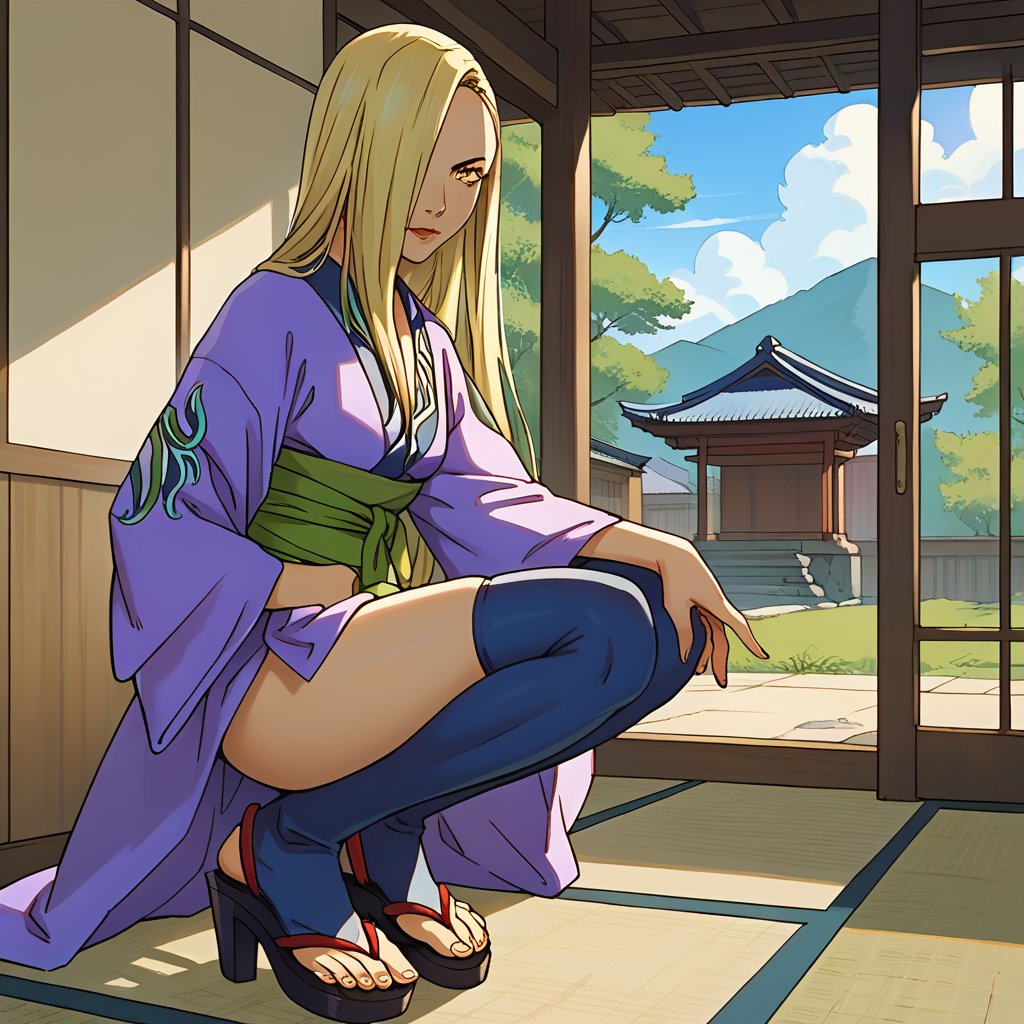 score_9, score_8_up,score_7_up, source_anime, Solo,  1girl, Hyakurin2VXL, hair cover one eye,blond hair, high heels,sandals,thigh highs,yellow eyes,short kimono,sash, long hair, indoor, japanese house,portrait, dynamic pose, portrait,sitting  or squatting  or resting,