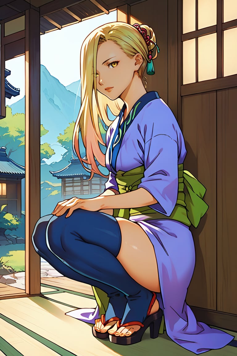 score_9, score_8_up,score_7_up, source_anime, Solo, squatting, 1girl, Hyakurin2VXL, hair cover one eye,blond hair, high heels,sandals,thigh highs,yellow eyes,short kimono,sash, long hair, indoor, japanese house,portrait,