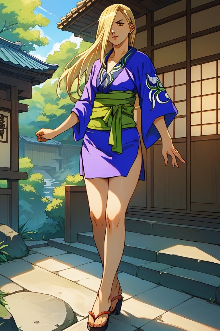 score_9, score_8_up,score_7_up, source_anime, Solo,  1girl, Hyakurin2VXL, hair cover one eye,blond hair, high heels,sandals,thigh highs,yellow eyes,short kimono,sash, long hair, indoor, japanese house,portrait, dynamic pose