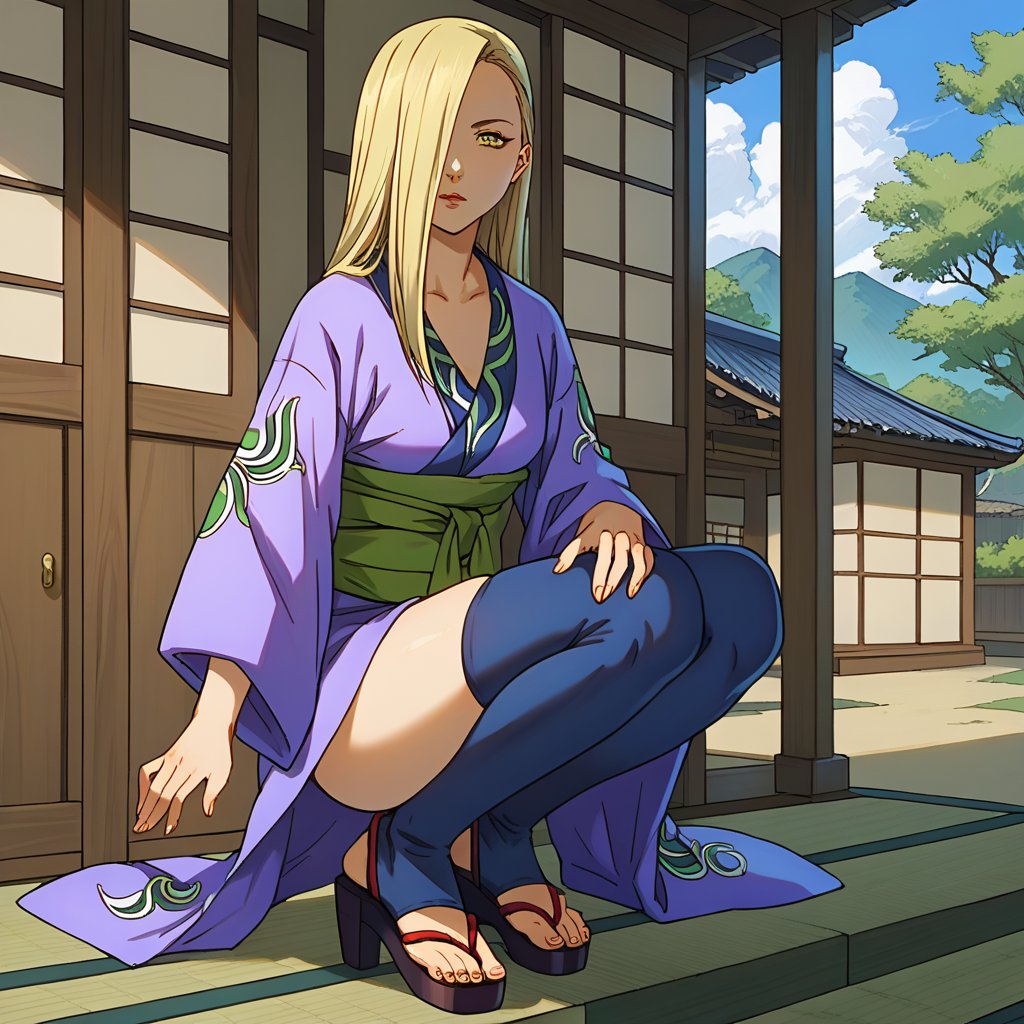 score_9, score_8_up,score_7_up, source_anime, Solo,  1girl, Hyakurin2VXL, hair cover one eye,blond hair, high heels,sandals,thigh highs,yellow eyes,short kimono,sash, long hair, indoor, japanese house,portrait, dynamic pose, portrait,sitting  or squatting  or resting,