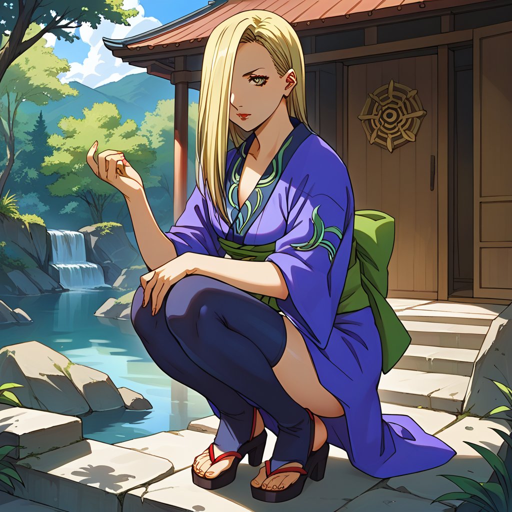 score_9, score_8_up,score_7_up, source_anime, Solo,  1girl, Hyakurin2VXL, hair cover one eye,blond hair, high heels,sandals,thigh highs,yellow eyes,short kimono,sash, long hair, indoor, japanese house,portrait, dynamic pose, portrait,sitting  or squatting  or resting,