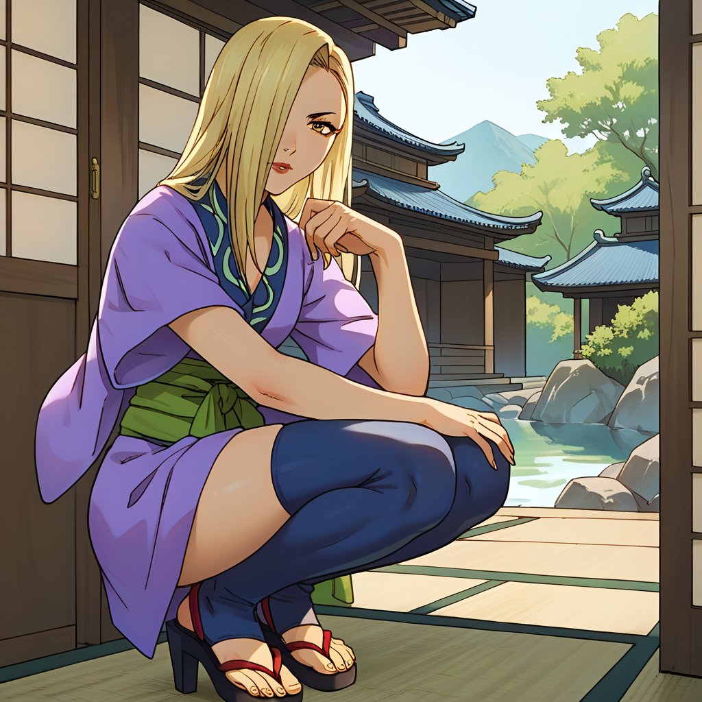 score_9, score_8_up,score_7_up, source_anime, Solo,  1girl, Hyakurin2VXL, hair cover one eye,blond hair, high heels,sandals,thigh highs,yellow eyes,short kimono,sash, long hair, indoor, japanese house,portrait, dynamic pose, portrait,sitting  or squatting  or resting,