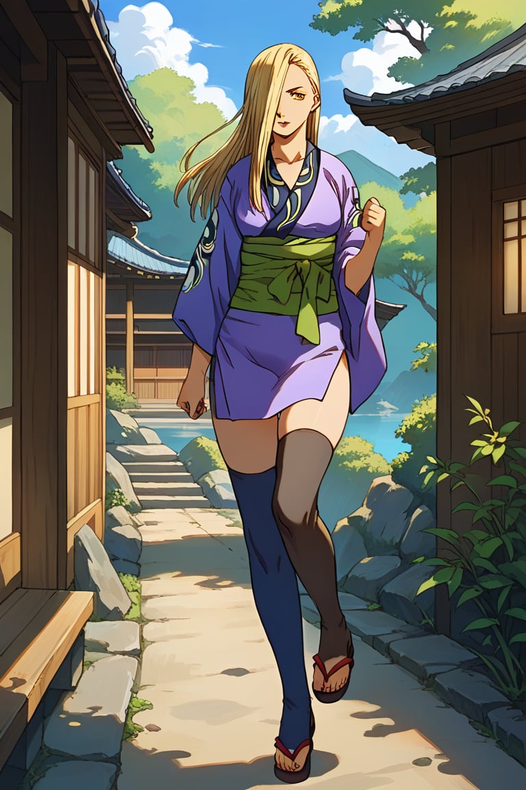 score_9, score_8_up,score_7_up, source_anime, Solo,  1girl, Hyakurin2VXL, hair cover one eye,blond hair, high heels,sandals,thigh highs,yellow eyes,short kimono,sash, long hair, indoor, japanese house,portrait, dynamic pose