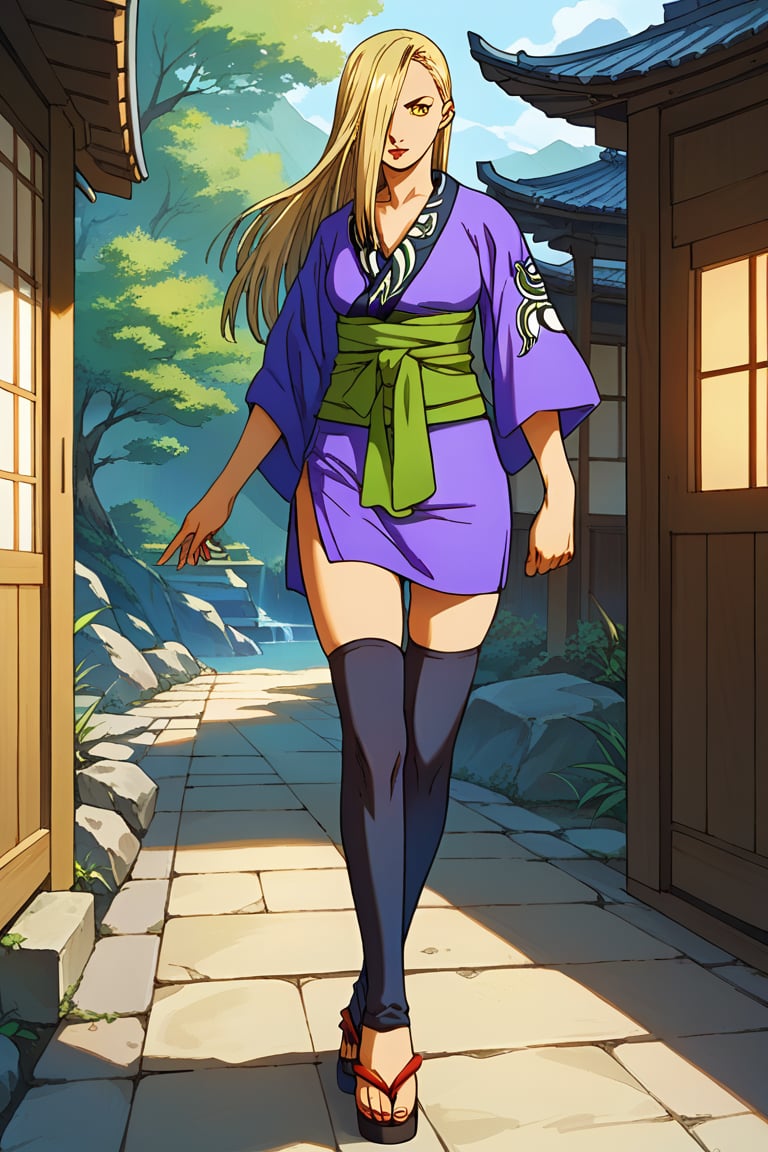 score_9, score_8_up,score_7_up, source_anime, Solo,  1girl, Hyakurin2VXL, hair cover one eye,blond hair, high heels,sandals,thigh highs,yellow eyes,short kimono,sash, long hair, indoor, japanese house,portrait, dynamic pose